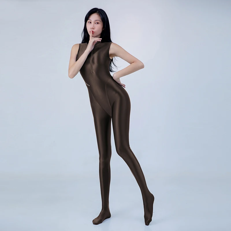 New Sexy Women Oily Tight One-Piece surf Diving Swimsuit Shiny sports Front zipper Playsuit Casual Suits Jumpsuits Catsuits