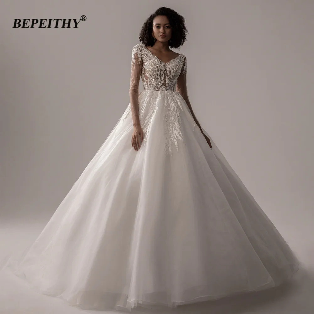 BEPEITHY Customized V Neck Sheer Beading Full Sleeves Ivory Wedding Dresses For Women 2023 Bride White Backless Bridal Gown New