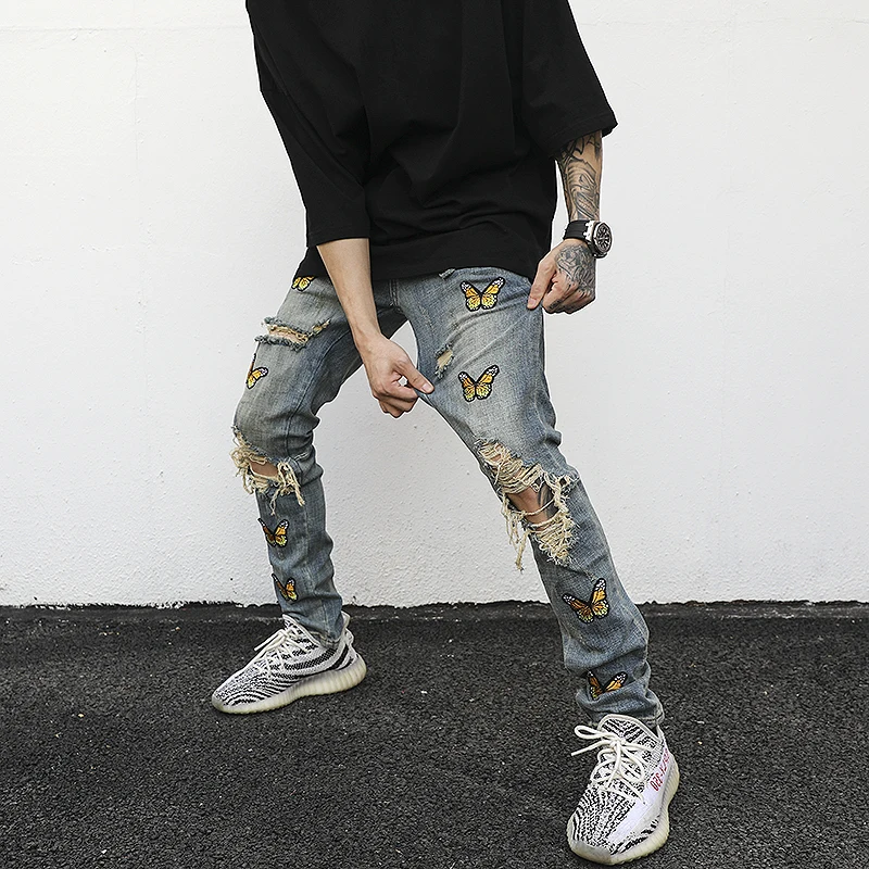 High street Butterfly Embroidery Knee Ripped Hole Jeans Mens casual Hip Hop Distressed Jeans Slim Fit Skinny Denim Pants Joggers