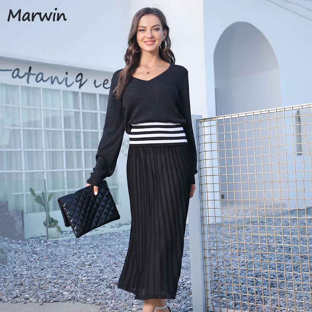 

Marwin New-Coming Spring Autumn Striped V-Neck Kintted Sweater Top Mid-Calf Skirts Outfit England Style Two Pieces Women‘s Sets