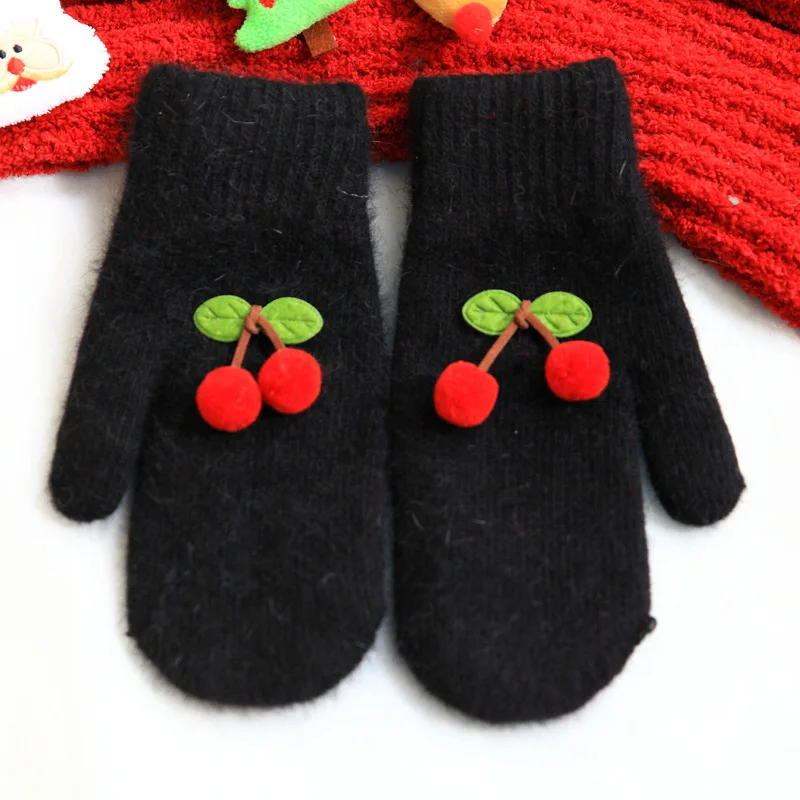 

Women Winter Keep Warm Plus Velvet Thicken Knitting Wool Gloves Cycling Drive Cute Lovely Sweety Cherry Ball Soft Mittens