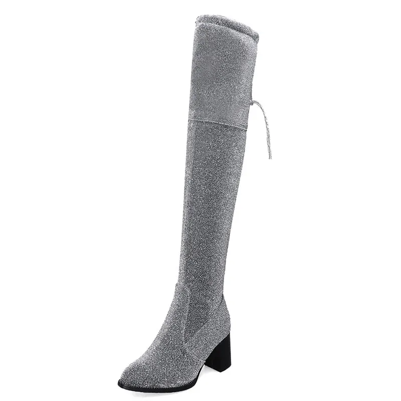 Sgesvier Size 34-43 Women Winter High Boots  Warm Fur Women High Boots Silver Blue Strength Over the Knee Boots thick heel