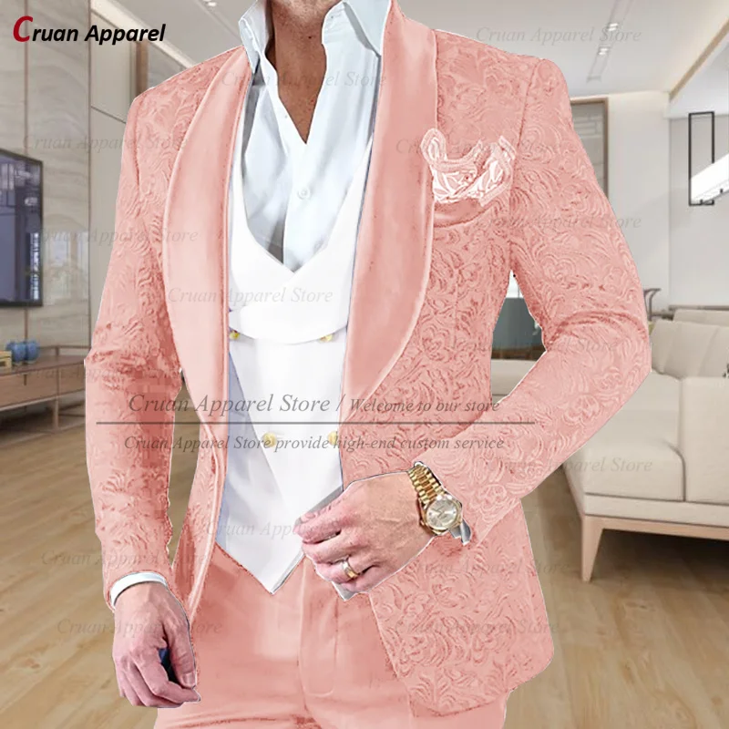 Tailor-made Jacquard Luxury Men's Suit 3 Pieces Slim Fit Formal Wedding Best Man Groom Tuxedo Shawl Lapel Blazer Vest Pants Set