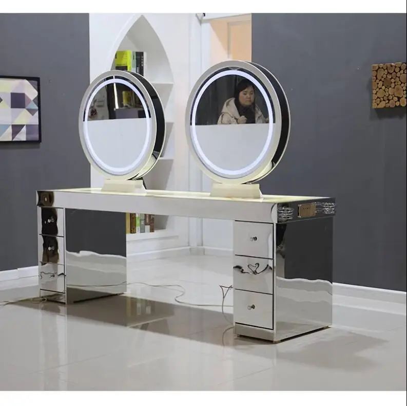 Salon hairdressing shop mirror table stainless steel marble table with touch screen LED light hair dressing mirror