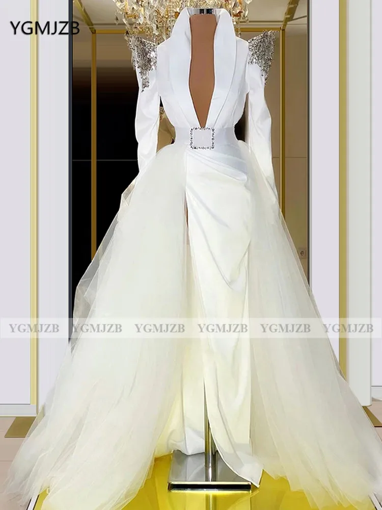 

White Muslim Evening Dresses Luxury Beads V-Neck Long Sleeves with Overskirt Dubai Women Formal Prom Party Gowns Custom Made