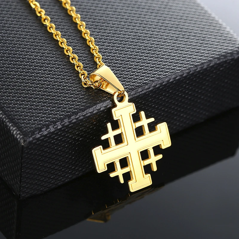 JERUSALEM CROSS NECKLACE FOR MEN BIBLE CRUSADERS STAINLESS STEEL PENDANT ISRAEL JEWELS Bible Crusaders WITH 24 INCH