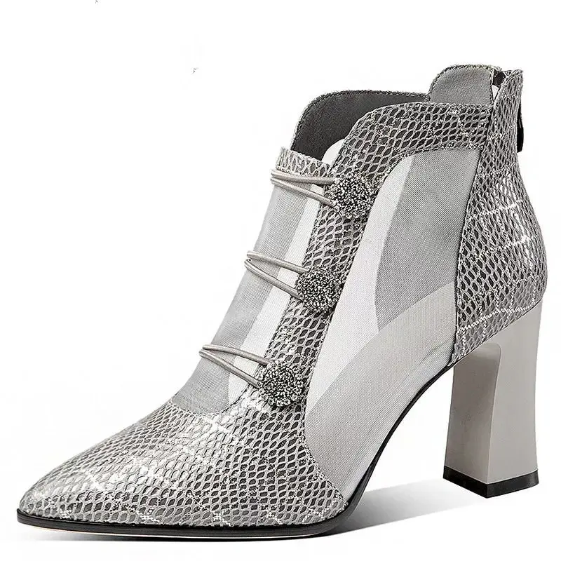 Spring Sexy Mesh Sandals Boots Women Pointed toes High Heeled Summer Heels Square heel Shoes Woman Hollow out Female Blue Grey