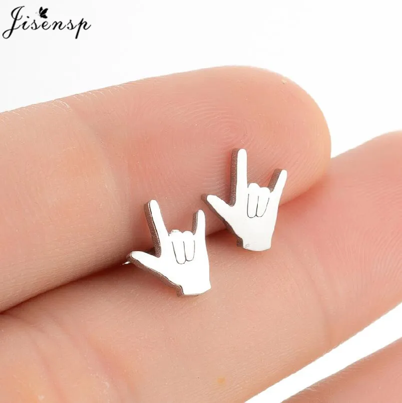 2026 Korean Simple I Love You Gesture Earrings for Women Minimalist Stainless Steel Hand Stud Earring Abstract Jewelry Wholesale