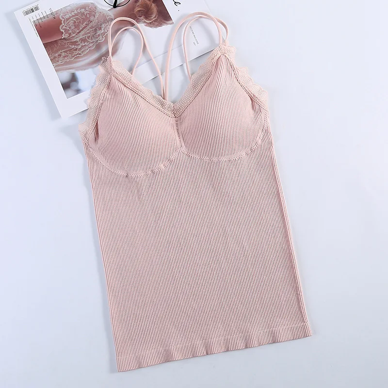 Women Padded Lace V‑Neck Camisole Skin‑friendly And Breathable Ribbed Knit Built‑in Pad Double Spaghetti Strap Tank
