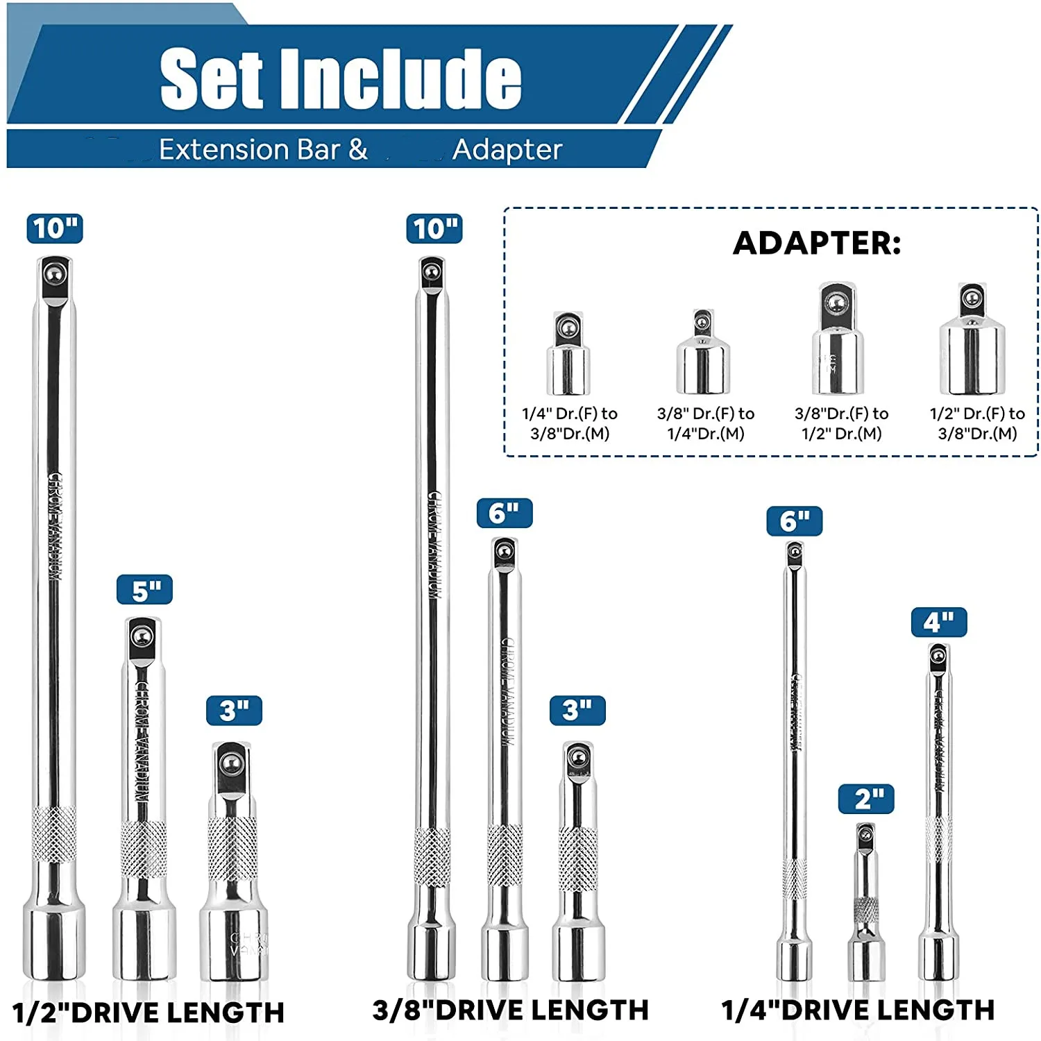 13 sztuk zestawy rozszerzenie gniazdo napędu, 4 sztuk Socketes Adapter 1/2,3/8,1/4 ,9 sztuk różnej wielkości rozszerzenia Bar, profesjonalne narzędzia