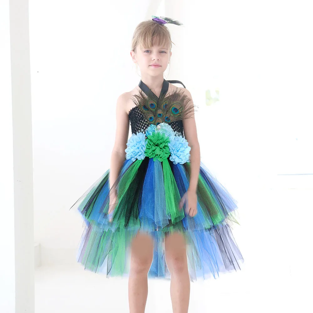 NEW Flower Feathers Girls Peacock Tutu Dress Kids Tulle Princess Peacock Costume for Girls Pageant Halloween Birthday Party Gown