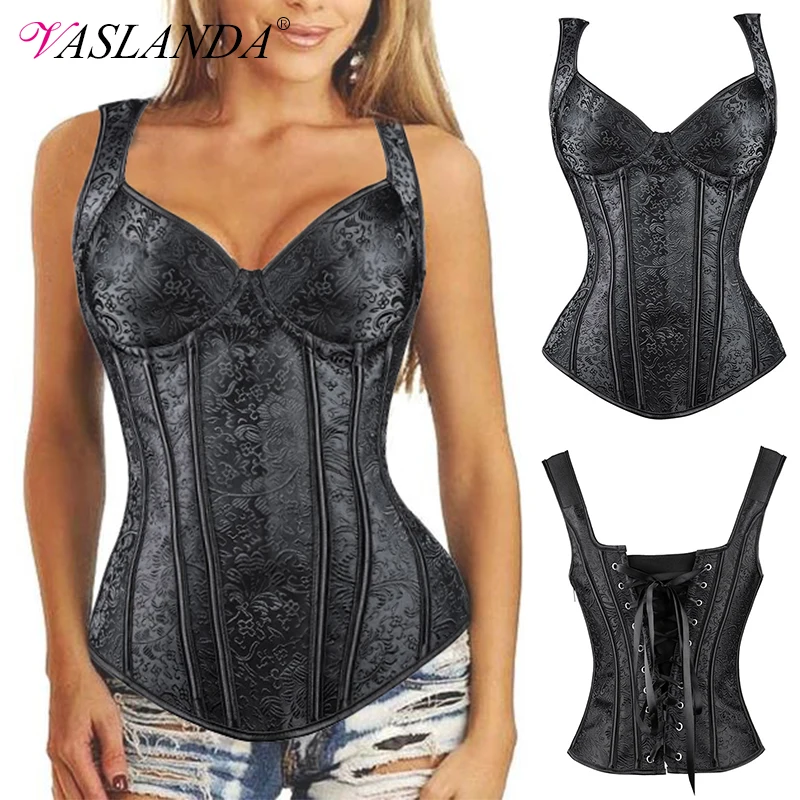 Bustiers & Corsets Overbust Bustier Steampunk Gothic Corset Tops Floral Jacquard Lace Up Boned Waist Trainer Corselet Vest