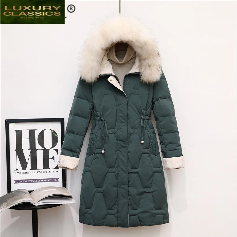 

Female Winter Down Jacket Real Raccoon Fur Hooded Clothes 2021 Korean Warm Duck Down Coat Women Down Overcoat Hiver W1723