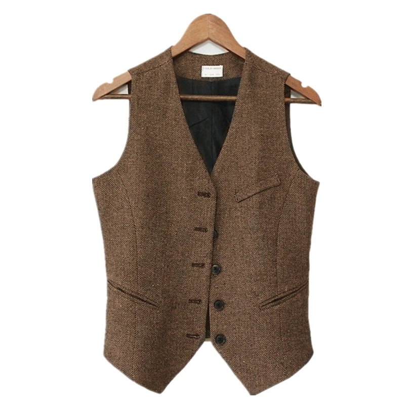 

Women's Suit Vest Jacket V Neck Herringbone Woolen Blended Solid Coffee Short Vest Slim-Fitting For Formal Casual Clothing 2021