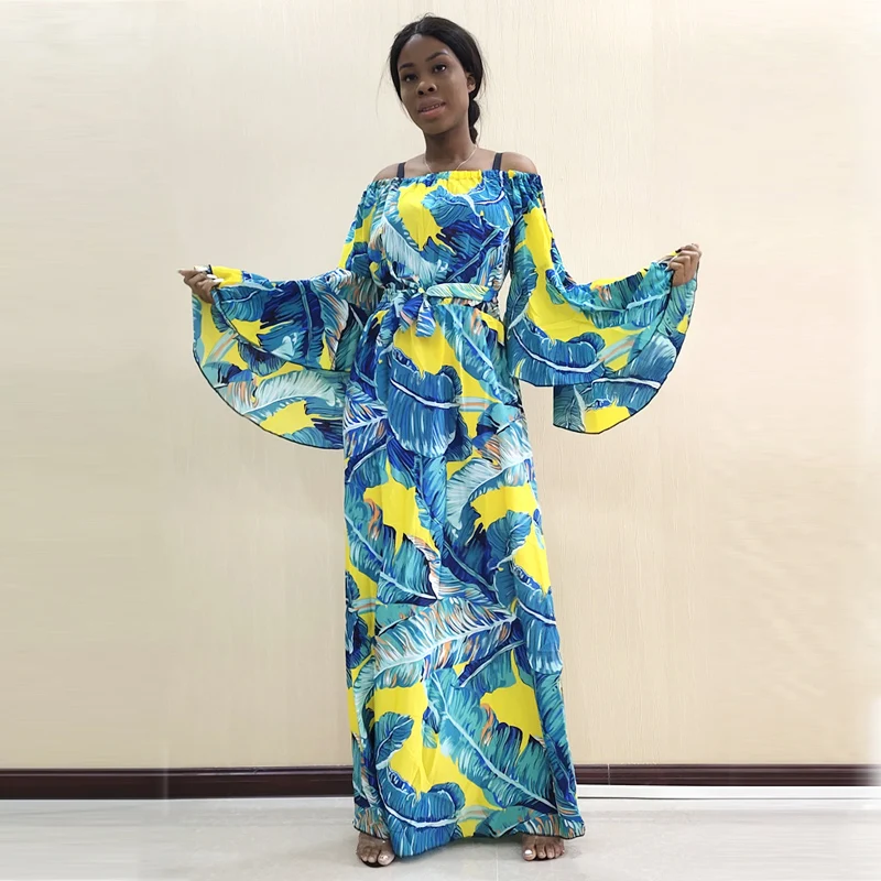 

African Autumn Dashiki Dress Robe Women Plus Size Butterfly Sleeved Off-shoulder Party Dresses