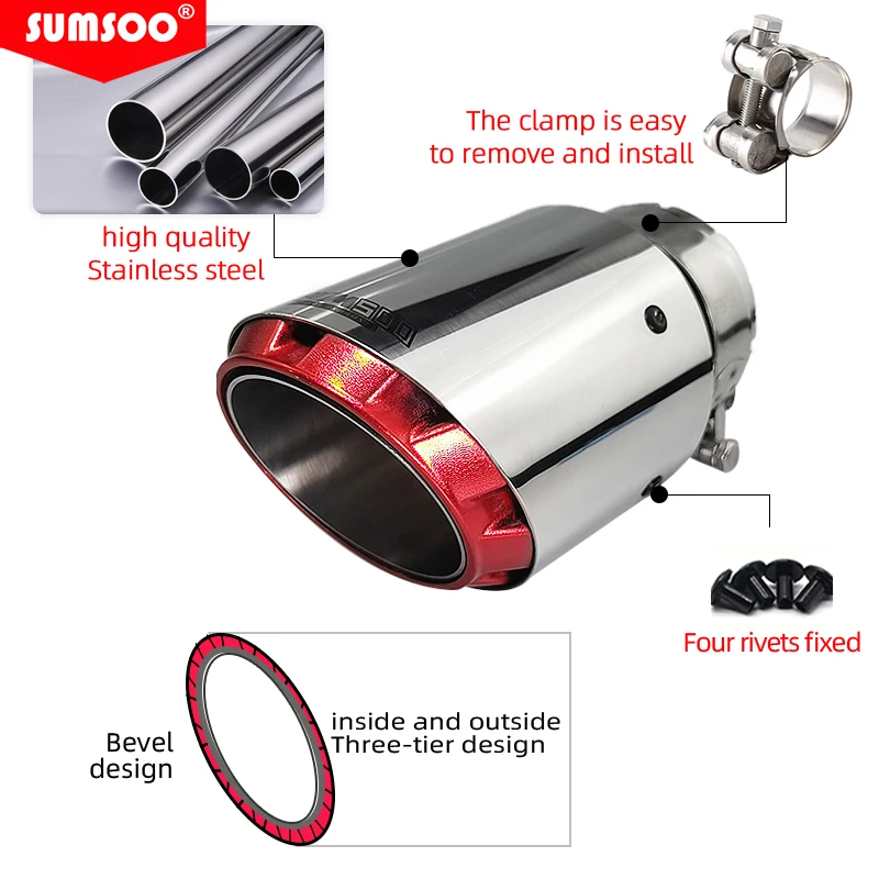 SUMSOO silver stainless steel +red /black/gold/blue plated Car   Muffler Tip Exhaust System Universal  Decoration Exhaust Pipe