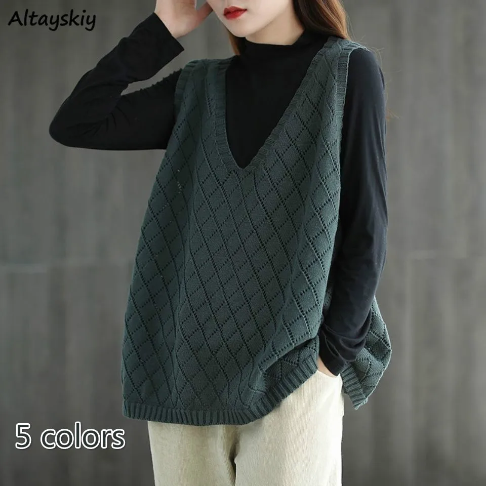 Sweater Vests Women Baggy Korean Style Students High Street Casual Cozy Sleeveless Female Vintage Knitted Outerwear Simple Kpop