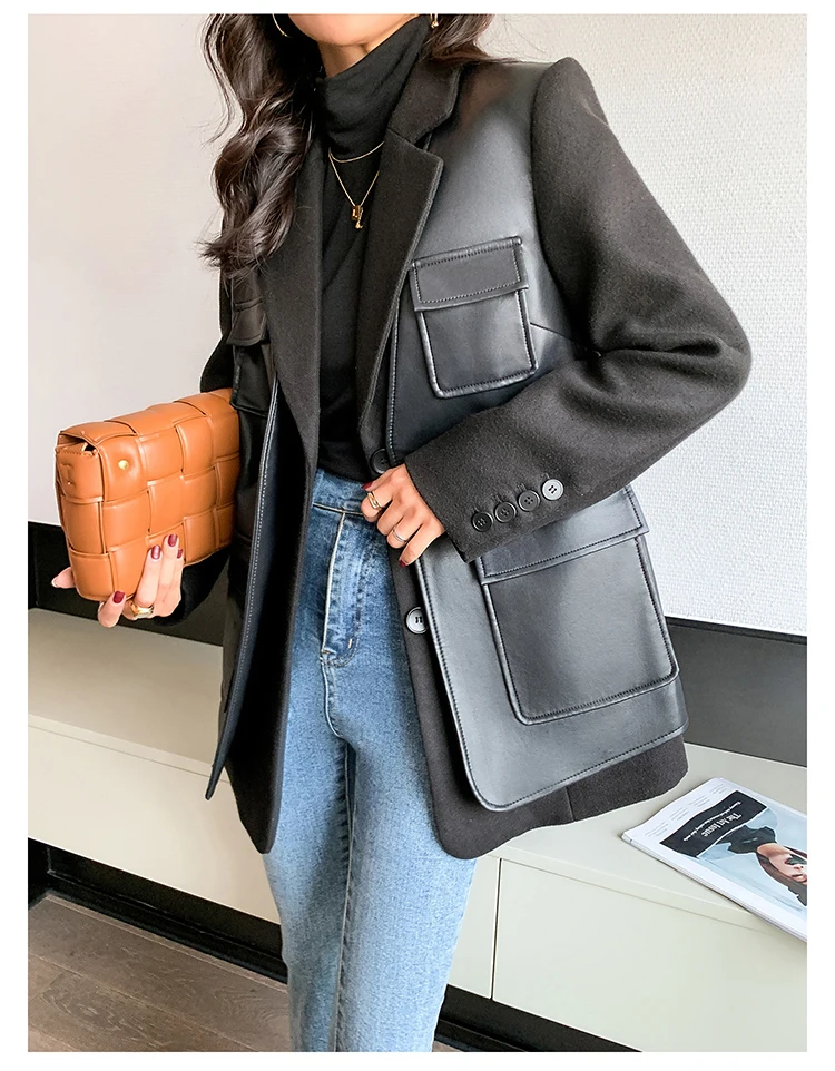 Nerazzurri Autumn Black Wool Blends Patchwork Leather Jacket Women with Many Pockets Long Sleeve Korean Fashion Streetwear 2022