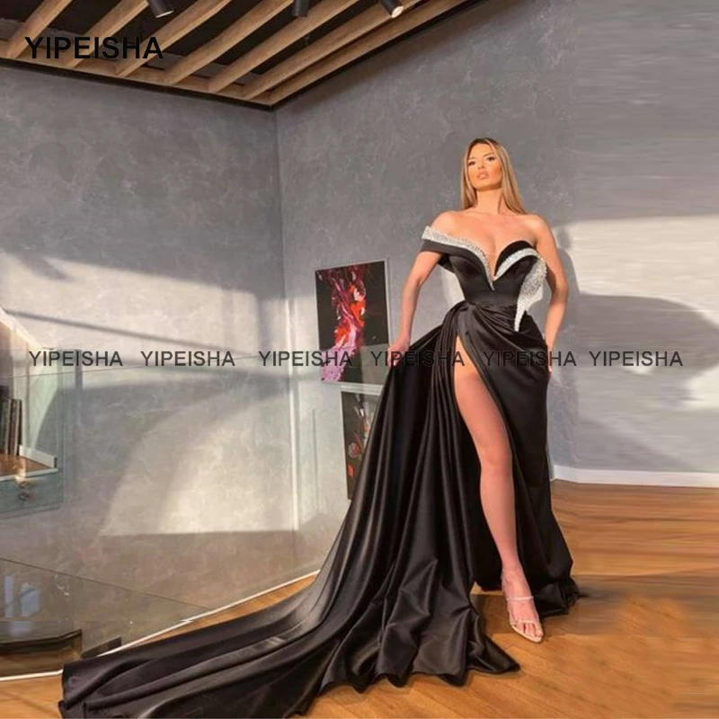 Yipeisha Asymmetrische Mermaid Black Prom Jurken Met Strass Rood Satijn Side Slit Avondjurk Lange Trein Formele Jurken 2021