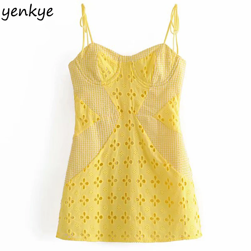 Women Yellow Lace Trim Spaghetti Strap Bodycon Mini Dress Romantic Lady Backless Sleeveless Party Club Sexy Dress