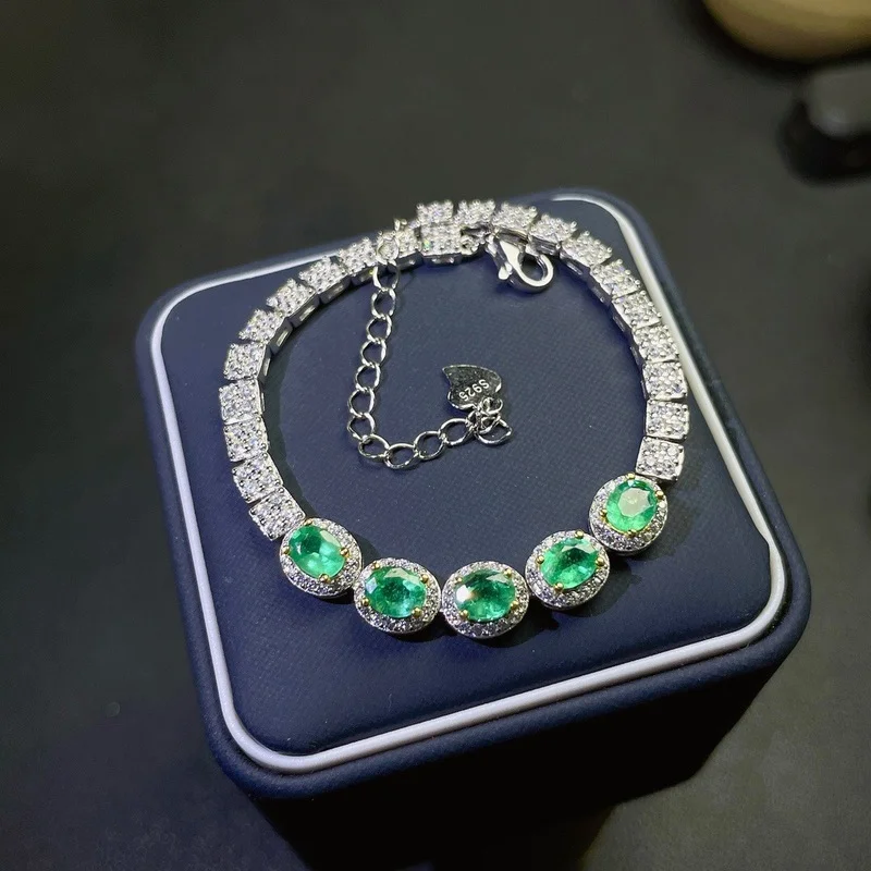 S925 Silver Natural Green Emerald Bracelet Natural Gemstone Bracelet Fashion Grace Diana Round Women Party Gift Fine Jewelry