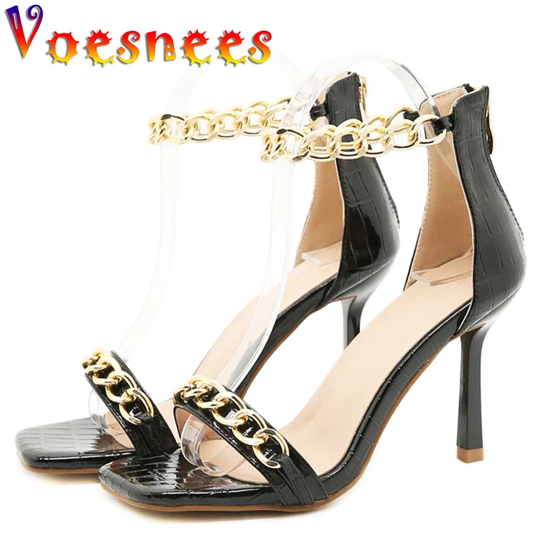 Square Toe Women Shoes One Word Zip Metal Decoration Thin Heels Sandals Stone Pattern Walk Show High Heels Peep Toe Wedding Shoe