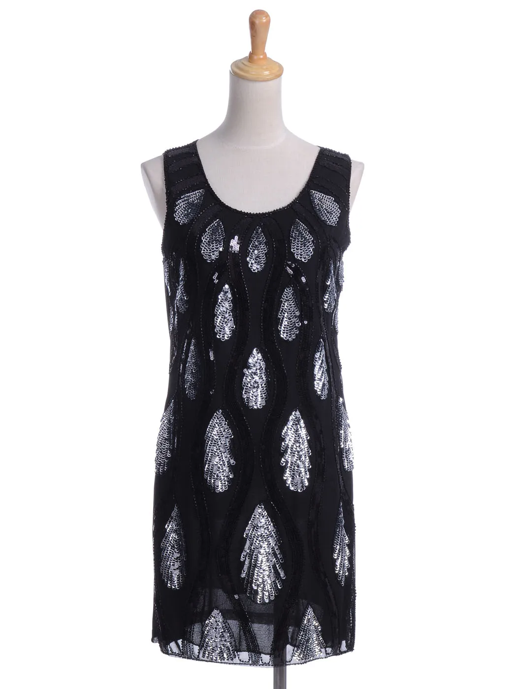 Fashion Womens Black Silver Sequin Teardrop Peacock Crew Neck Sleeveless Party Dress