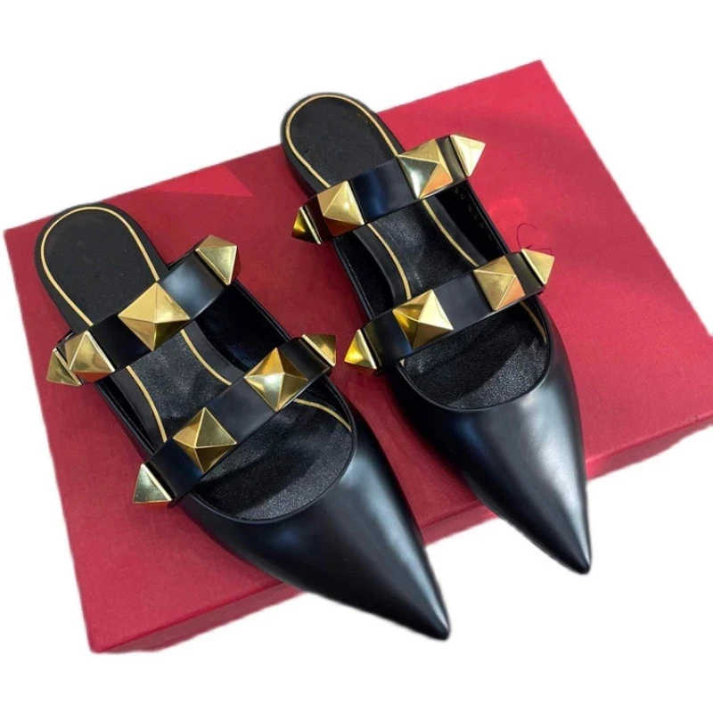 

Fashion Pointed Toe Women's Shoes Spring 2023 New Flats Slippers Ladies Black Outside Slippers Female Mules Slides Apricot White