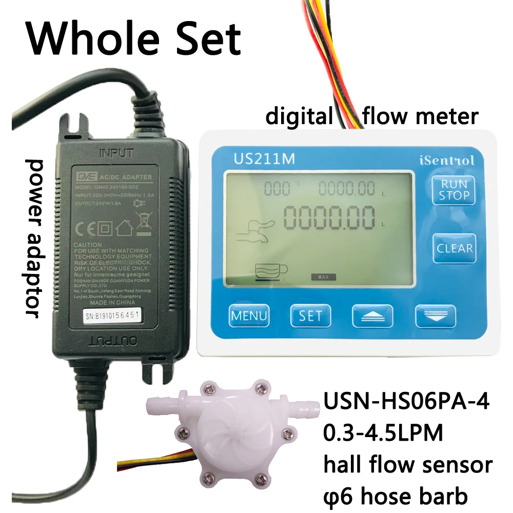 

US211M Display with 0.3-4.5L/min USN-HS06PA-4 Flow Meter Totalizer Flow Measurement Range 6mm OD hose barb