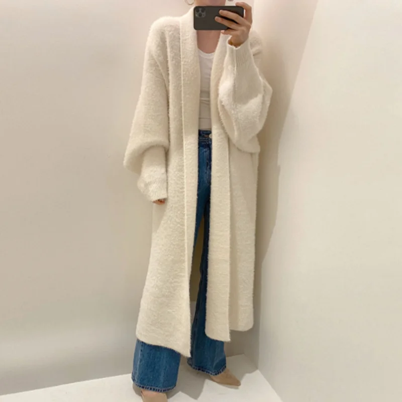 Synthetic Mink Cashmere Women Sweater Cardigan Autumn Winter Batwing Sleeve Knitted Long Cardigan Thick Oversize Fluffy Sweaters