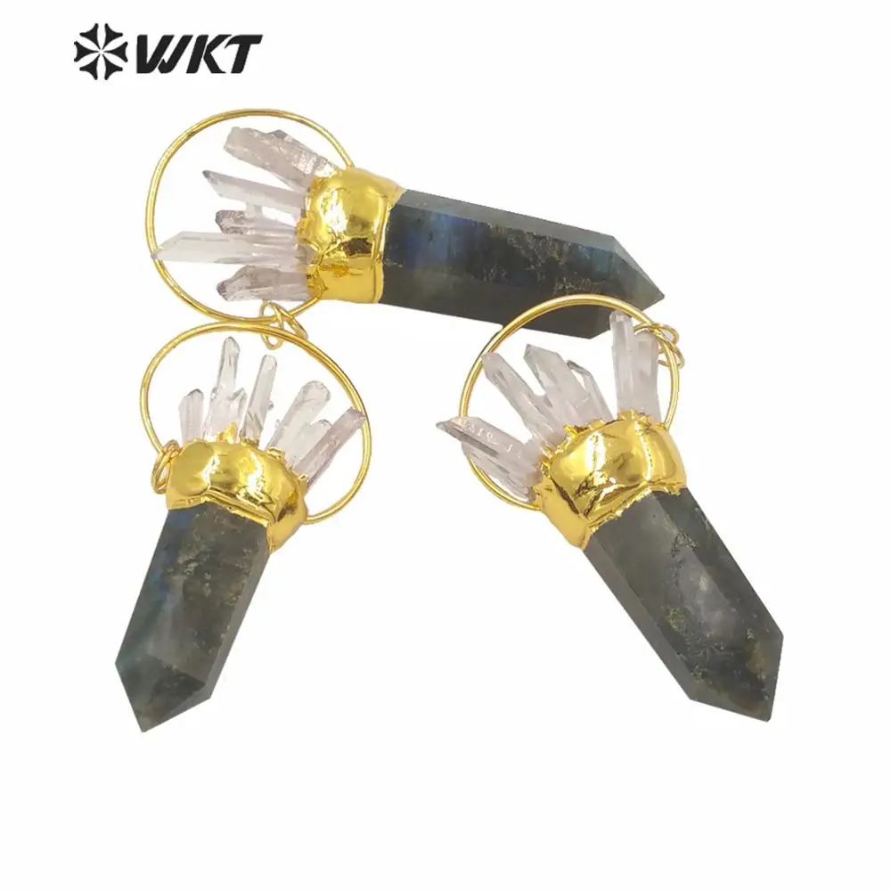 WT-P1585 Wholesale Natural Stone Pendant Spirit Point Labradorite Point Pendant Gorgeous Crystal Big Statement Stone Pendant