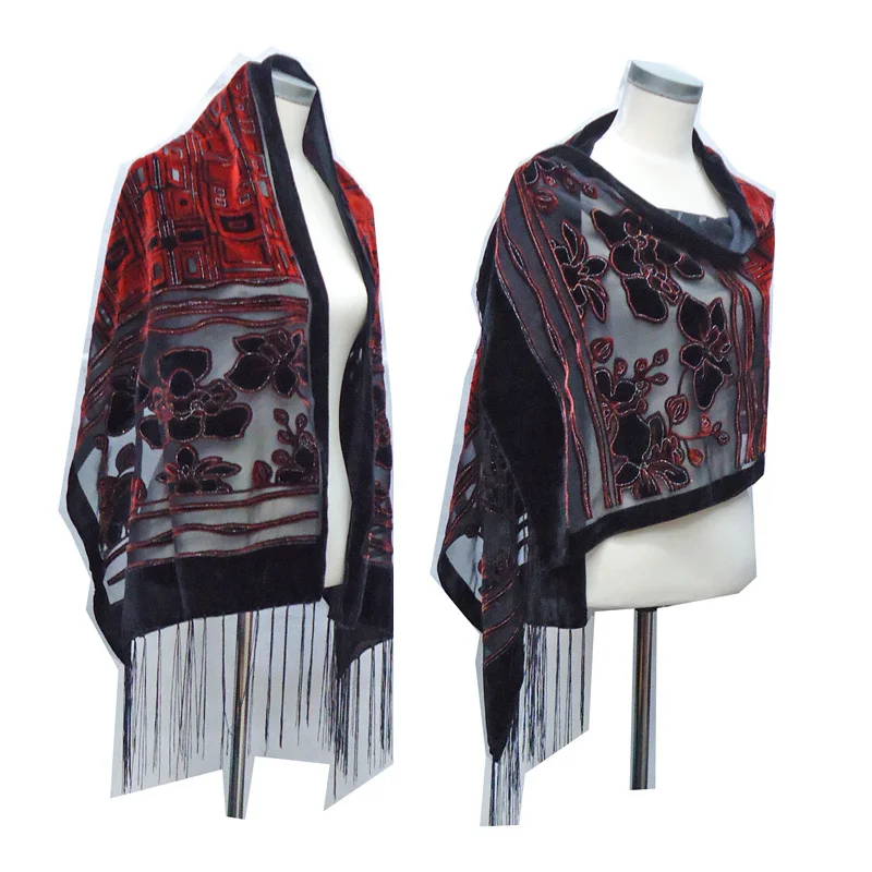 High Quality Black Velvet Rose Shawl Winter Scarf Thicking Warm Vintage Burnout Women Accessory Wedding Ponchos Wrap