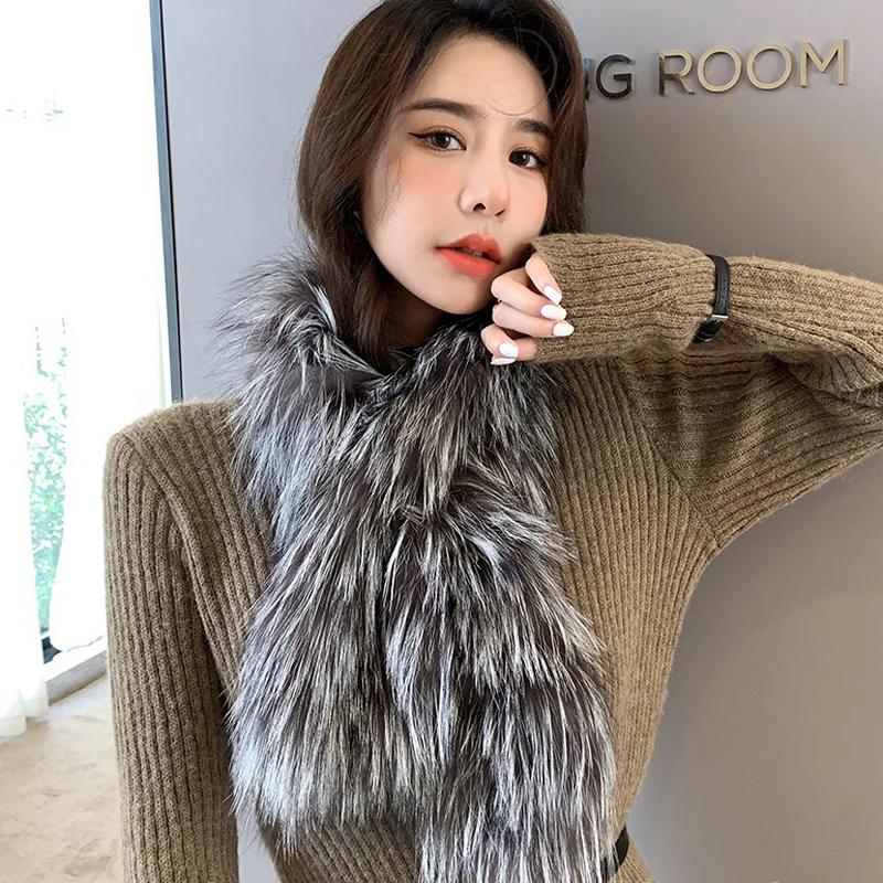 

ZDFURS*Fox Fur Double-Sided Woven Winter Warm Women's Scarf Korean Style Versatile Fur Fur Temperament Scarf