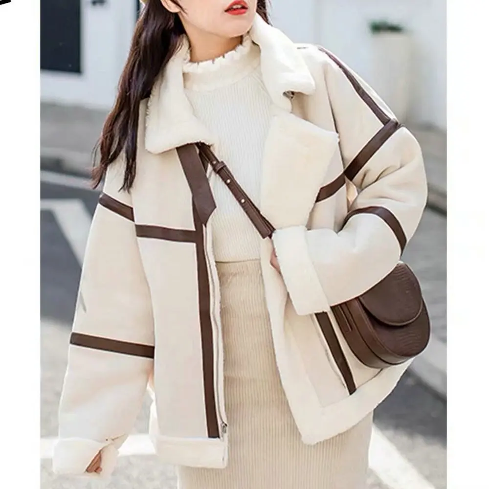 Lady Preppy Style Free Spliced Beige Black Coats Tops 2022 Women Korean Winter Oversize Thick Faux Leather Fur Sheepskin Jackets