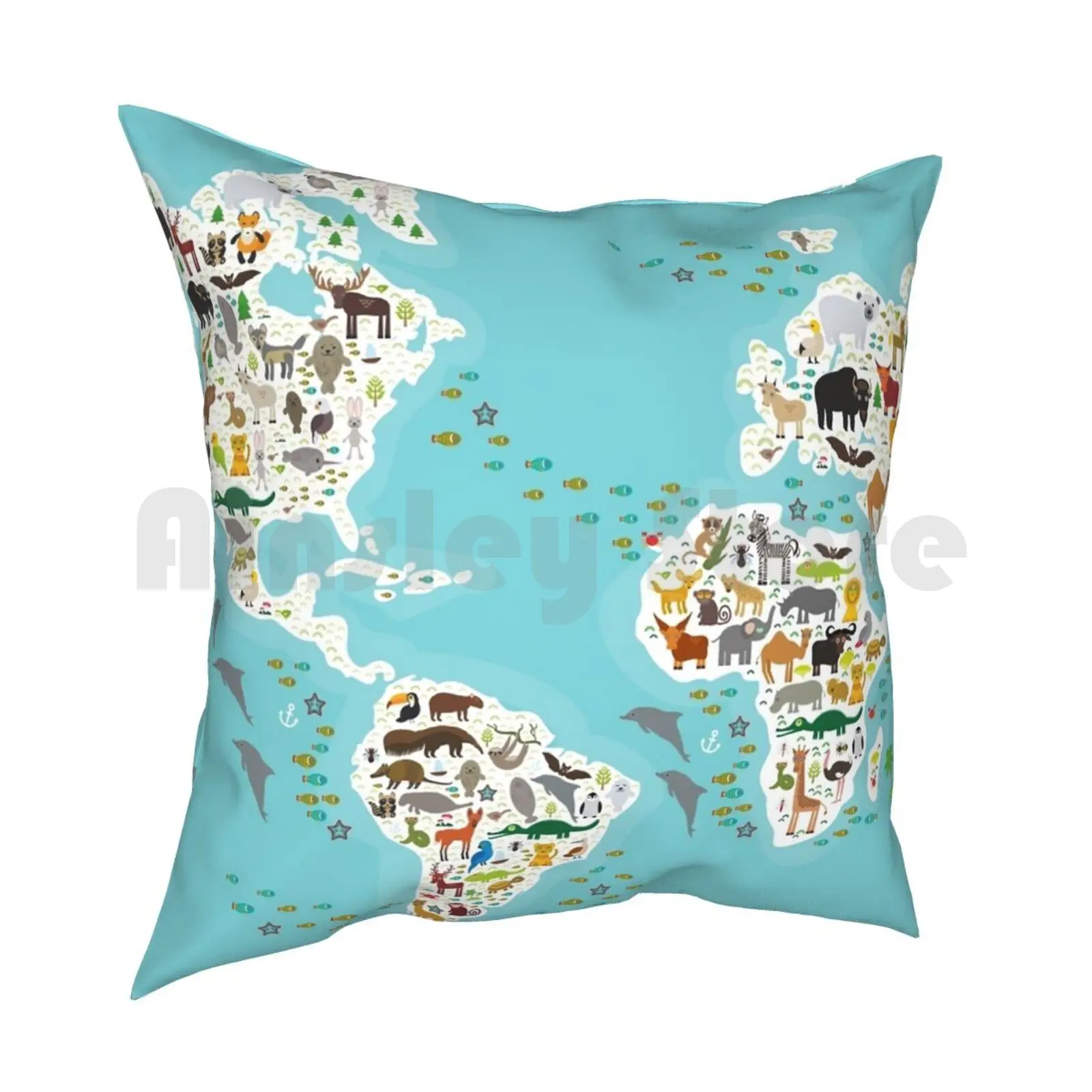 Cartoon Animal World Map For Children And Kids , Animals From All Over The World , White Continents And Islands On Blue