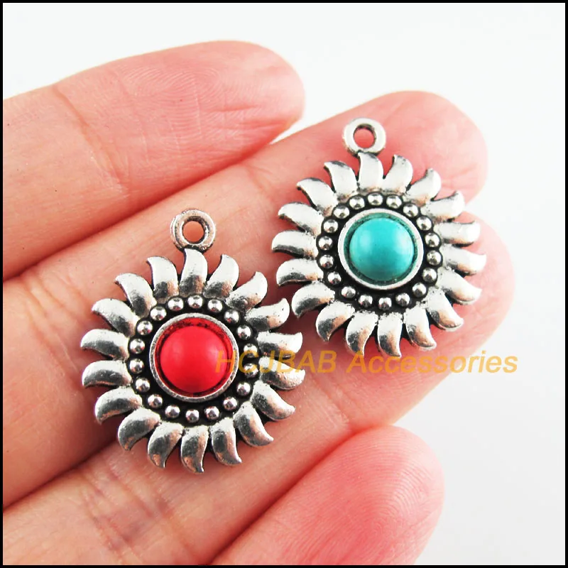 10 New Sun Flower Charms Tibetan Silver Tone Red & Blue Stone Circle Pendants 20x24mm