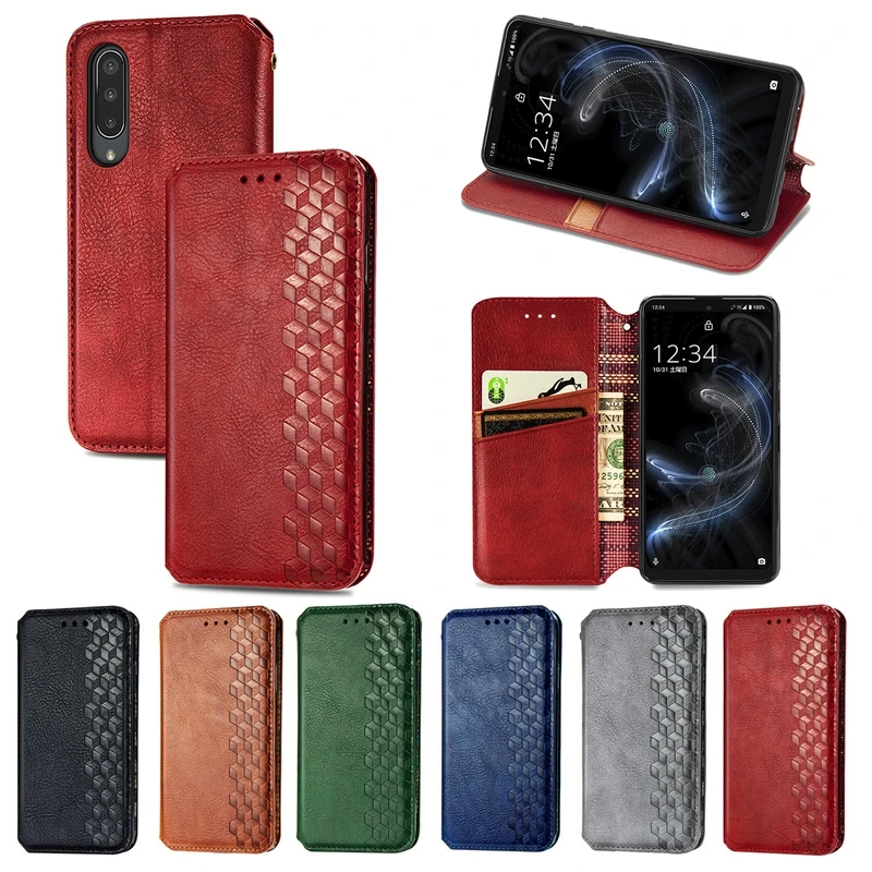 PU Leather Wallet Flip Phone Cover TPU Lattice Case for Sharp R3 AQUOS zero2 5G SHV47 AQUOS R5G Sense3Lite SensePlus Sense4 5