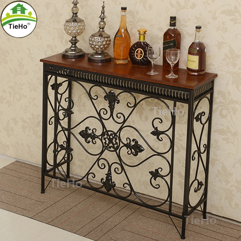 TieHo European-style Iron Console Table Porch Narrow Table Side Cabinet Hallway Furniture Iron Flower Frame Design