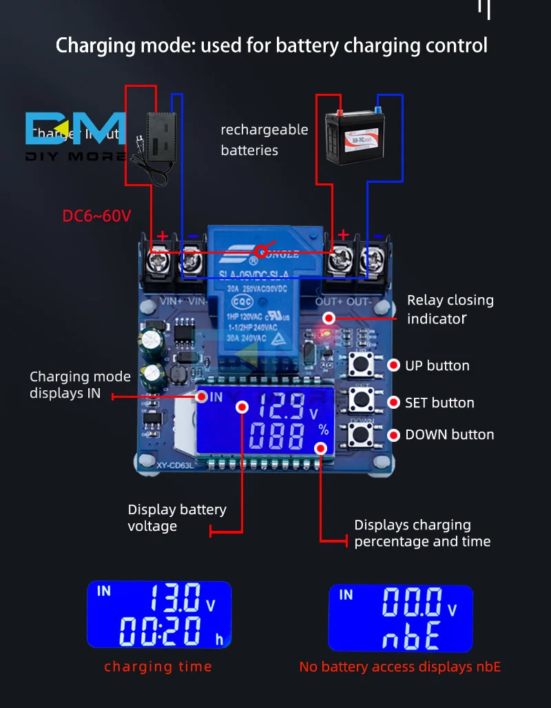 XY-CD63L 30A Battery Charging Control Module Full Power off DC Voltage Protection Under Voltage Power Loss Protector