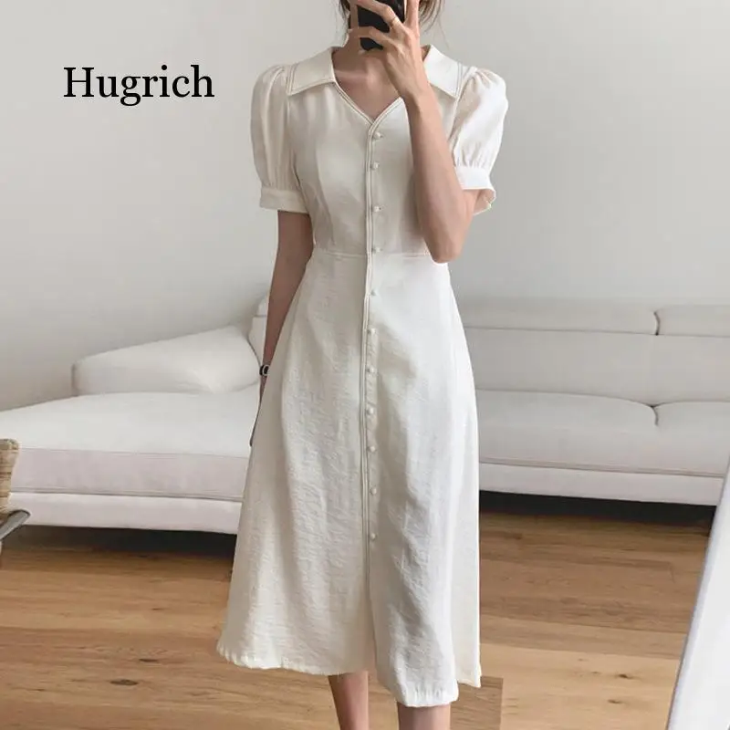 2021 Summer Mature Style French Puff Sleeve Single Breasted Casual Dress Women's Long Design for Party Club