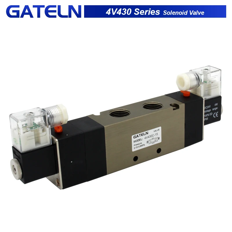 

4V430C-15 4V430E-15 4V430P-15 AC220V 5 Ports 3 Position Dual Solenoid Pneumatic Air Valve 1/2" BSPT DC12V 24V 220V with fittings