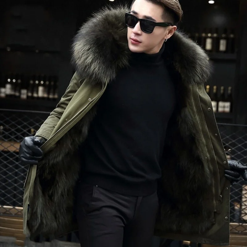 Men Winter Military Natural Raccoon Lining Parka Thick Warm Army Long Real Fur Jacket Male Fur Collar Hoodie Casual Overcoat