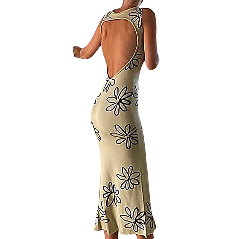 Female Sexy Maxi Dress, Floral Print O-Neck Sleeveless Backless Split Sundress for Summer Fall, Black/Beige, S/M/L