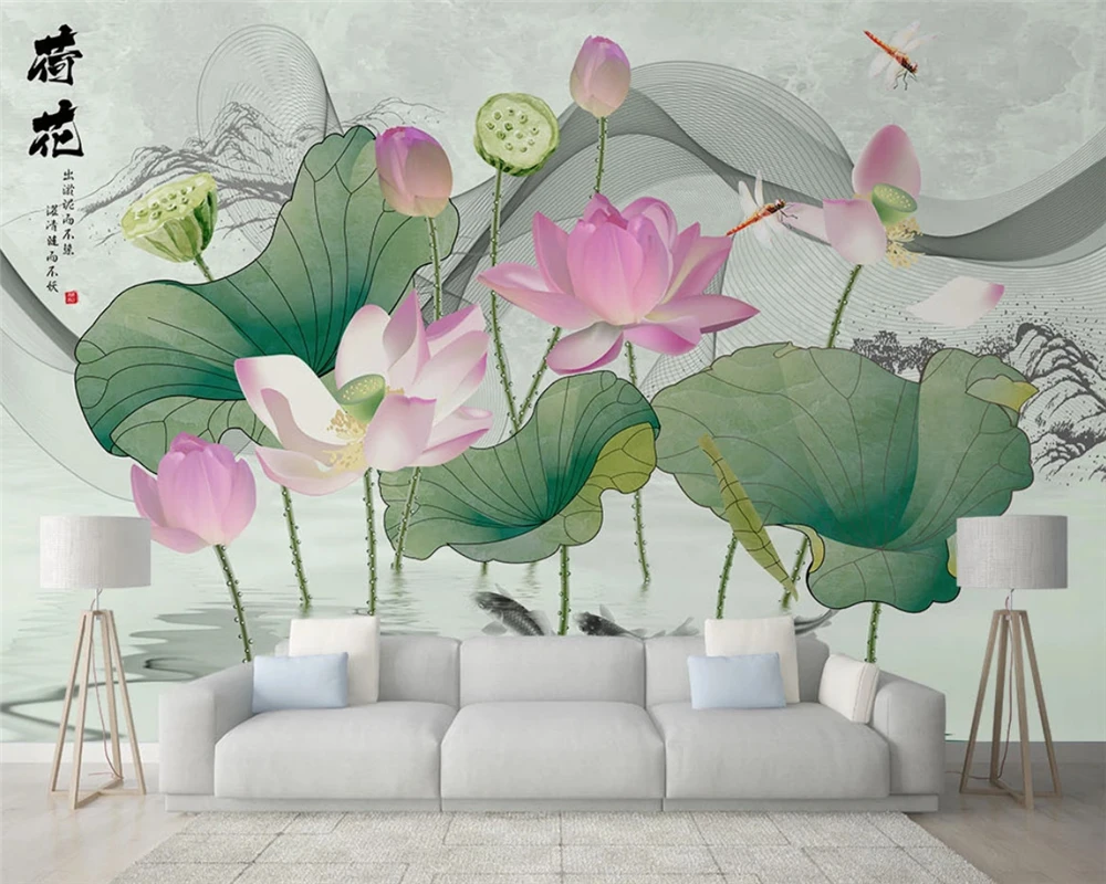 

beibehang Custom modern 3d wallpaper new chinese style hand painted lotus bird illustration sofa tv background wall paper