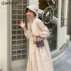 Dress Women Retro Floral Chic Long Sleeve Basic Popular Girls Sundress O-neck Mid-calf Preppy Ulzzang Trendy Vestidos Spring New