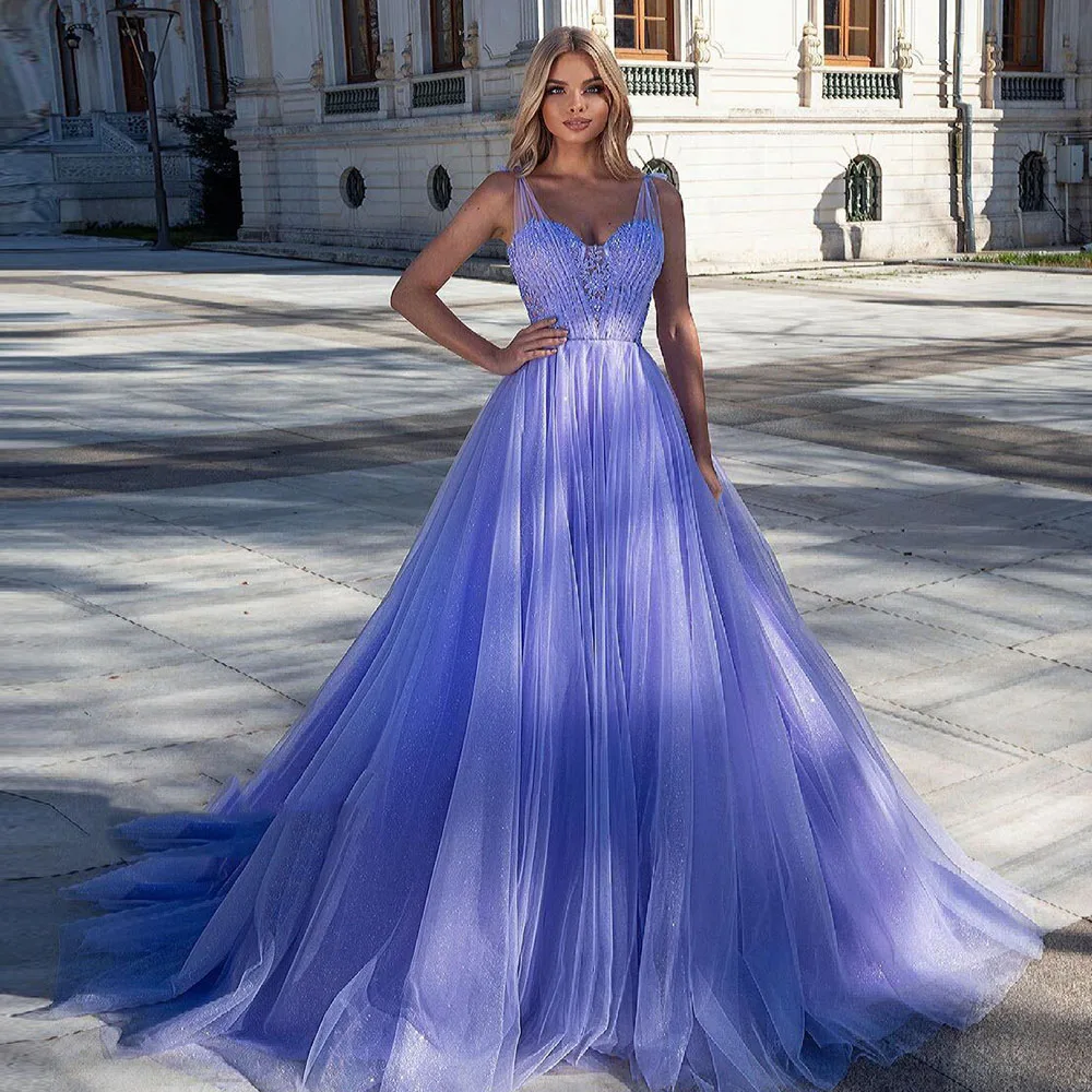 CustomizedLavender Long O-neck Tulle Prom Dresses Spaghetti Straps Appliqued A-Line Evening Party Gowns Simple Exquisite Open Ba