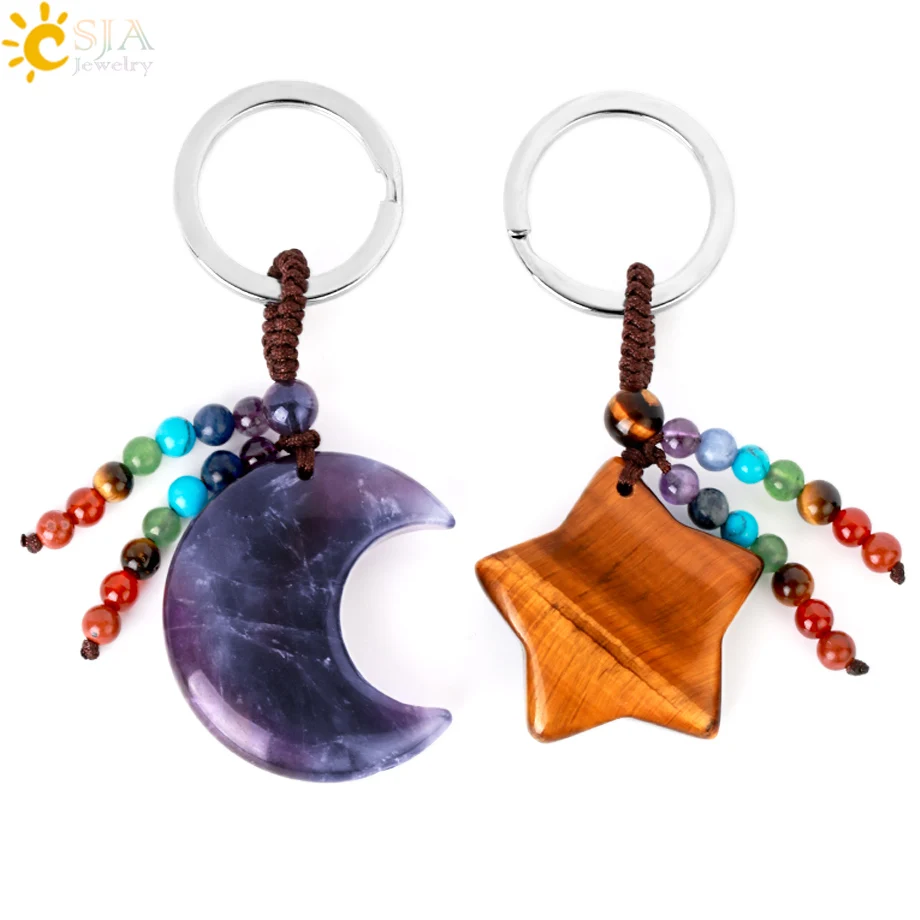 Natural Stone 7 Chakra Keychain Healing Moon Star Turquoises Rose Quartz Crystal Amethysts  Aventurine Key Ring Car Key Bag G850