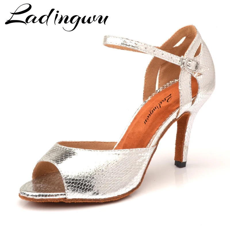 Ladingwu New Salsa Shoes Dance Women\'s Ballroom Dance Shoes Sandals  Party Performance women Latin Dance Shoes Silver Snake PU