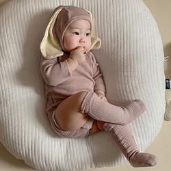 Korean Style Baby Boys Girl Solid Color Rompers Autumn Toddler Baby Girl Clothes Long sleeve Romper+Rabbit Ear Hat+Socks