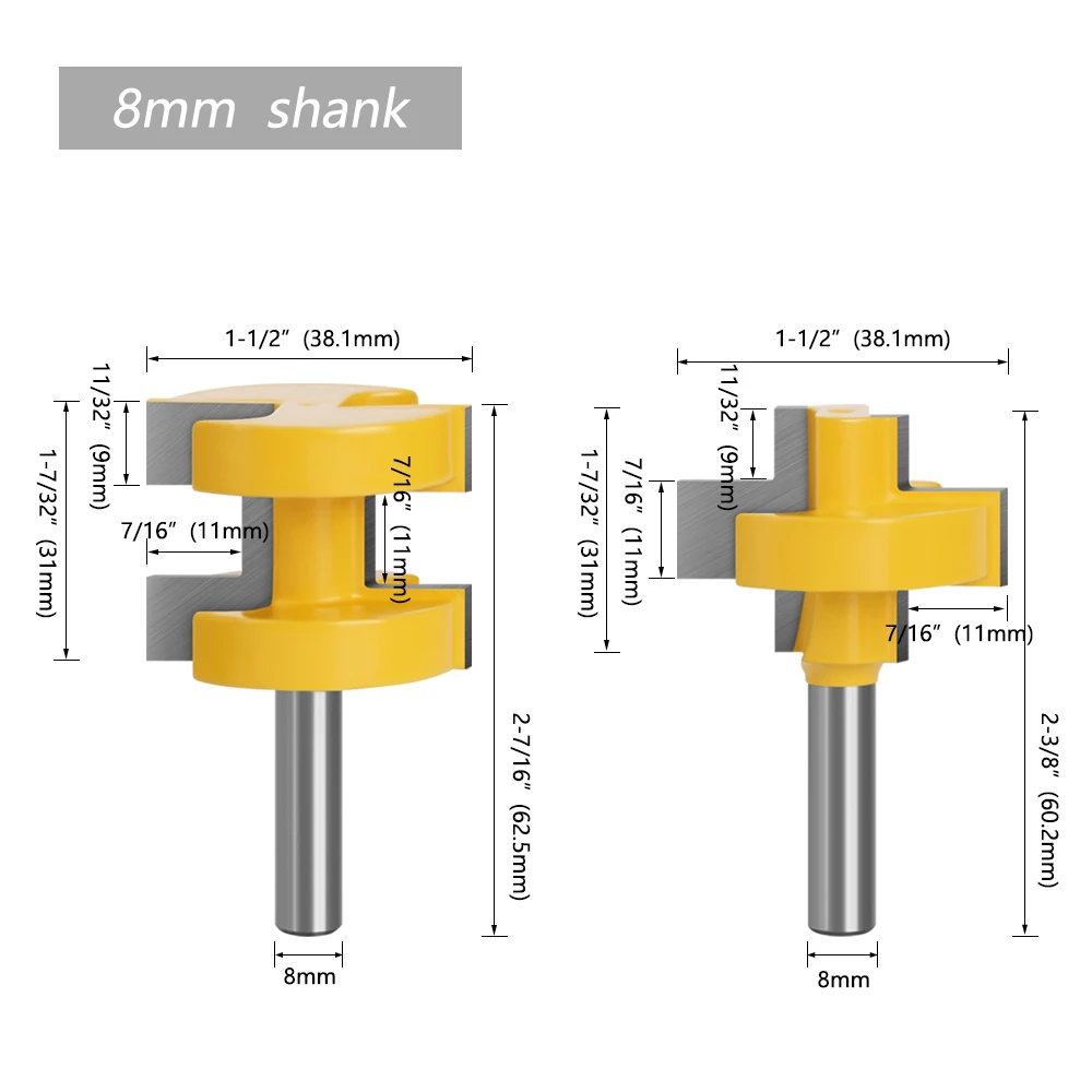 LAVIE 2pcs set 8MM Shank Big Size T-Slot Square Tooth Tenon Bit Milling Cutter Carving Router Bits For Wood Tool Woodworking